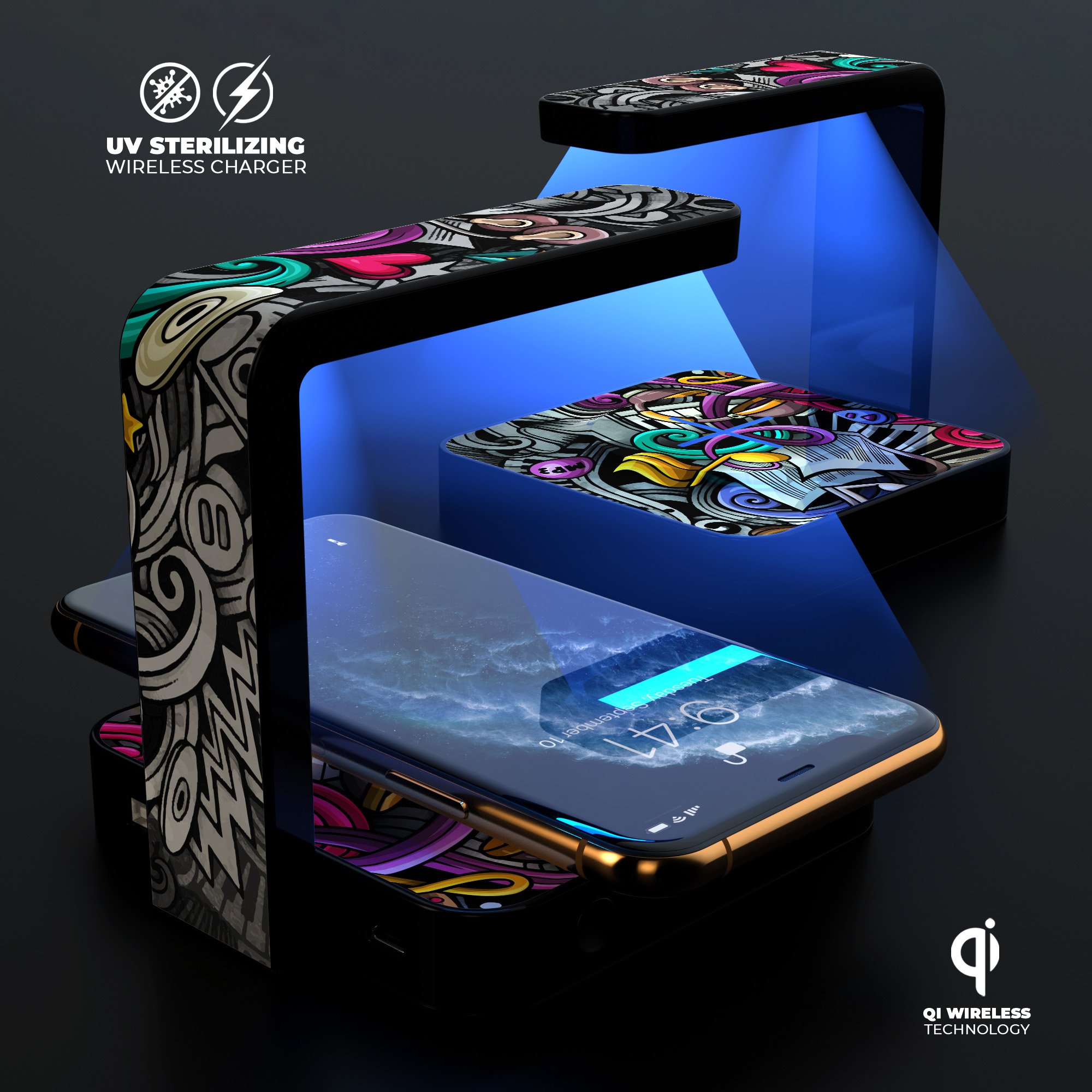 Abstract Cartoon Music Doodles UV Germicidal Sanitizing Sterilizing charger with a decorative skin, showcasing its wireless charging and sterilizing features.